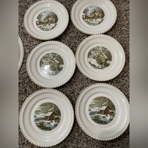 Harkerware USA Since 1840 Currier & Ives Scene Bread/Dessert Plates-Gold Trim